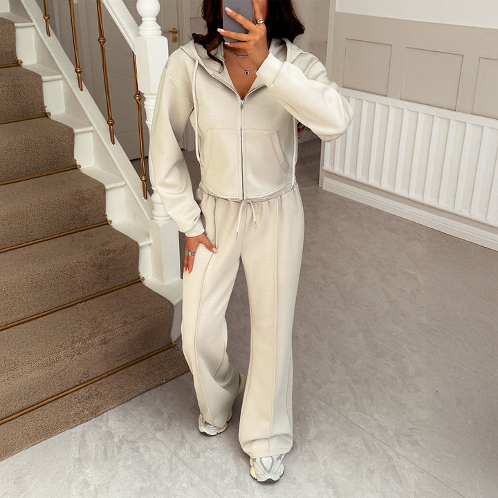 Damen nan cropped Kapuzen-Sweatjacke mit Tunnelzug und hochgeschnittener Palazzo-Hose Drune