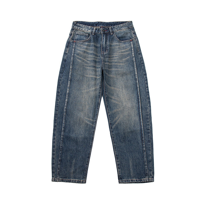 Damen High‑Waist Relaxed-Fit Jeans mit markanter Mittelnaht und Used‑Waschung Drune