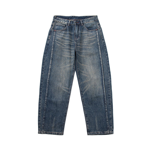 Damen High‑Waist Relaxed-Fit Jeans mit markanter Mittelnaht und Used‑Waschung Drune