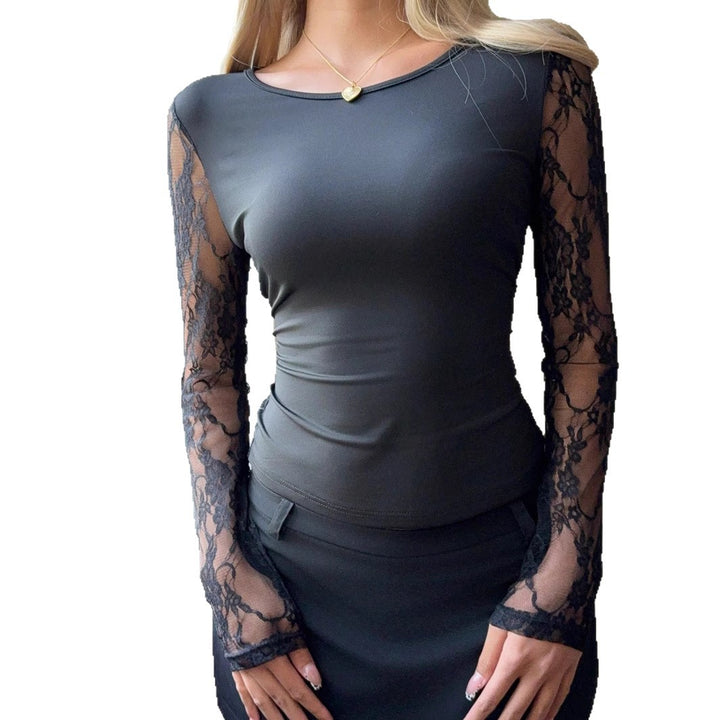 Damen nan tailliertes elastisches Langarmshirt mit floralen Spitzen-Armverzierungen Drune
