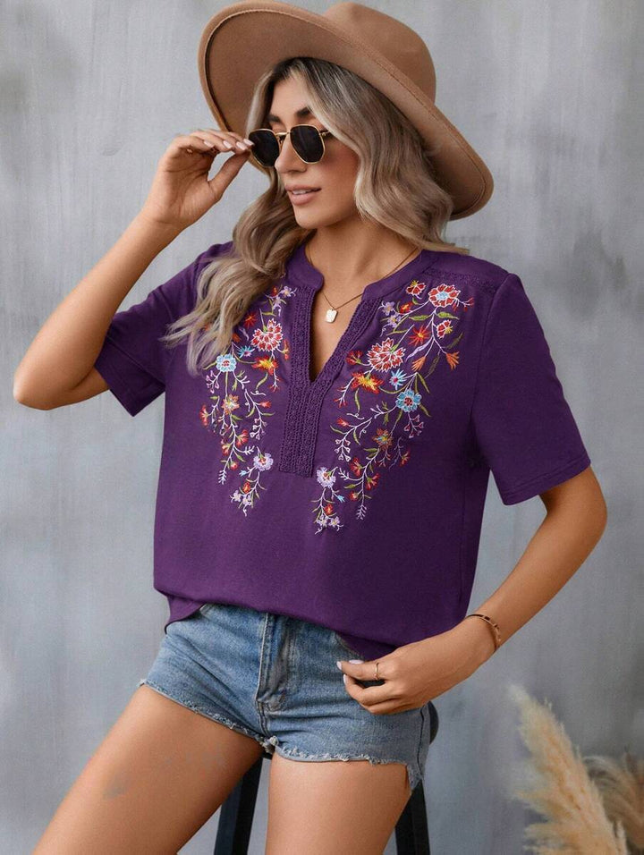 Damen bestickte Boho-Tunika mit tiefem Ausschnitt und Spitzenbesatz Drune