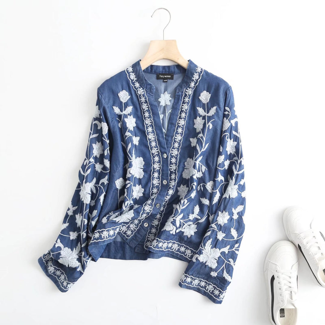 Damen bestickte Bluse im Vintage-Stil mit elegantem Kragen und Druckknopfverschluss Drune