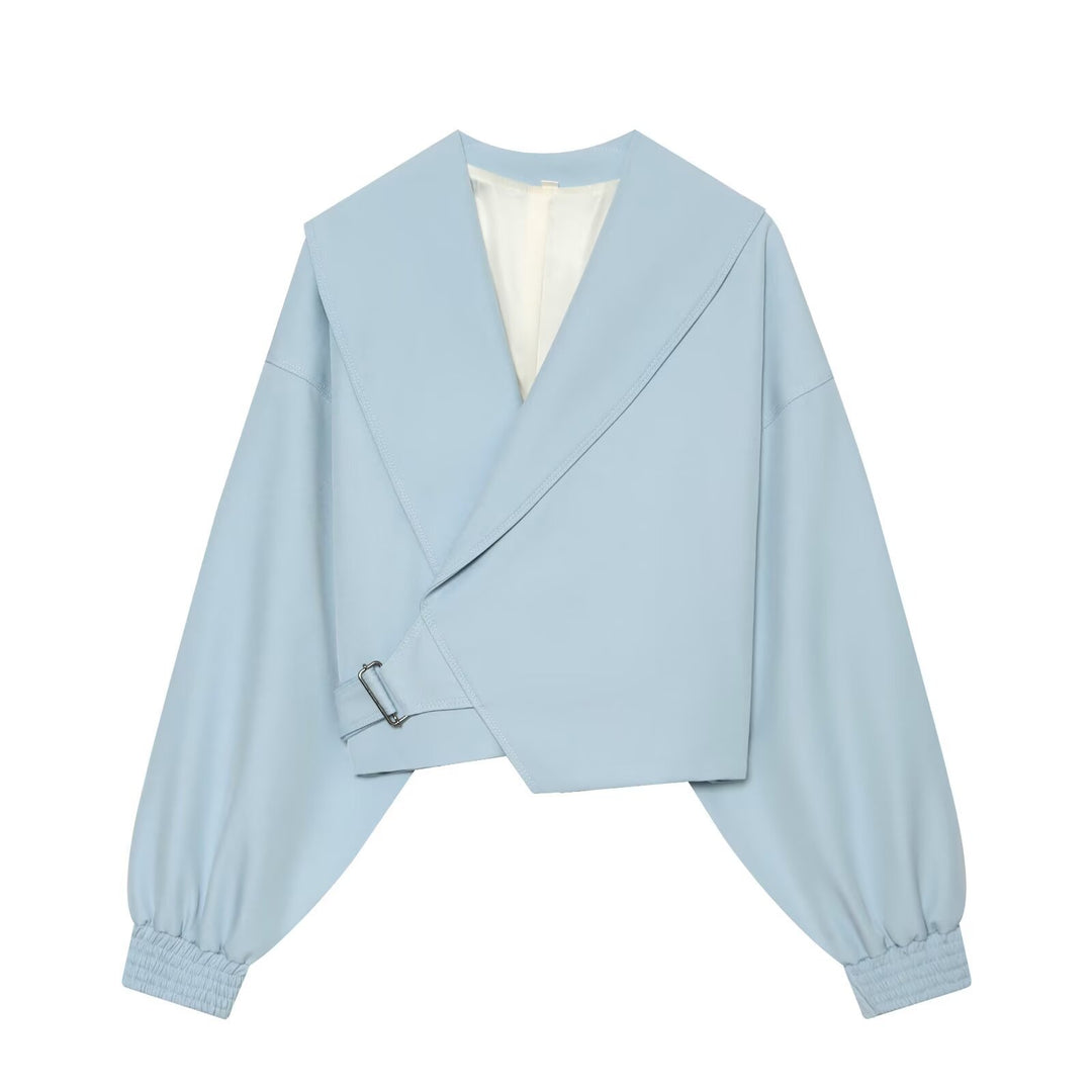 Damen Kurze Wickeljacke mit weitem Schalkragen, taillierendem Schnallenband und Ballonärmeln Drune
