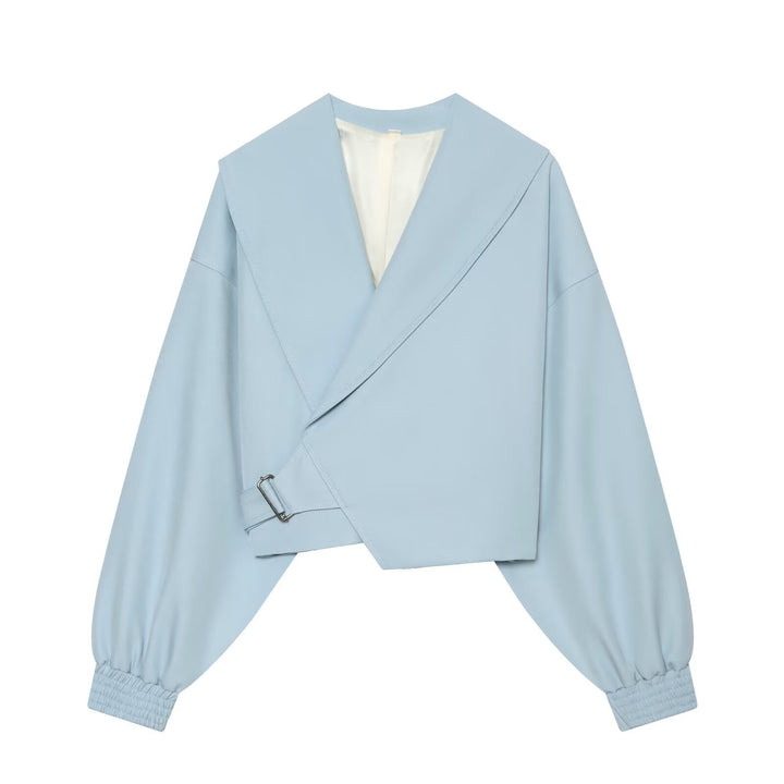 Damen Kurze Wickeljacke mit weitem Schalkragen, taillierendem Schnallenband und Ballonärmeln Drune