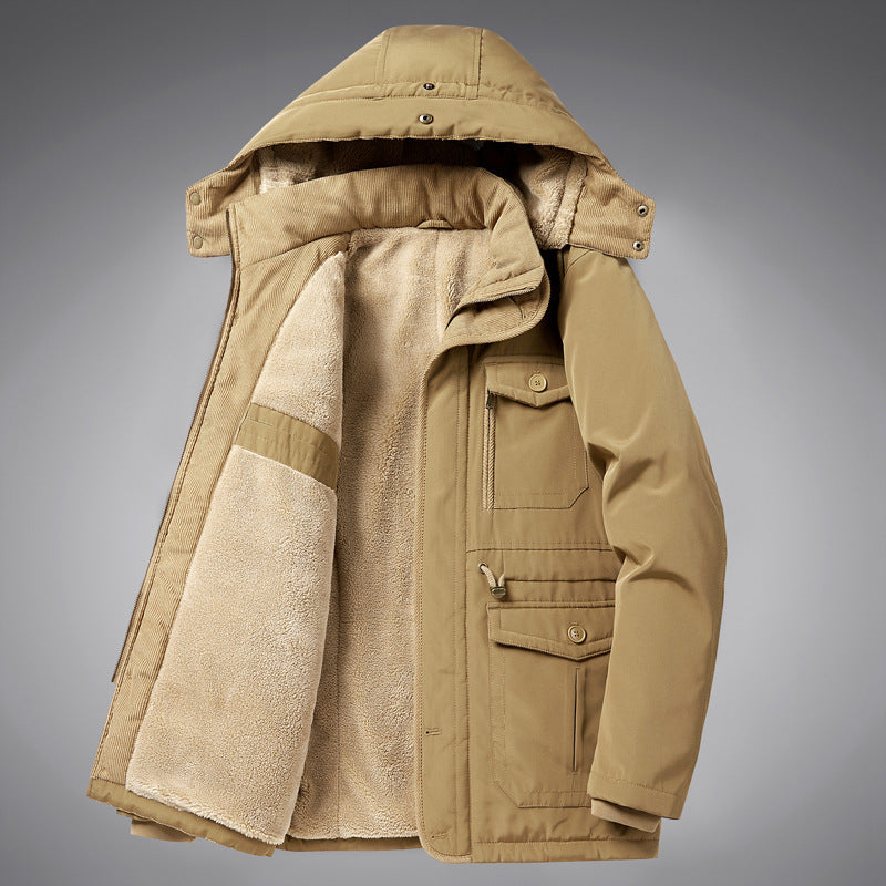 Herren  kälteproof Kapuzenparka mit vollem Sherpa-Innenfutter, Samtkragen und multifunktionalen Taschen Drune