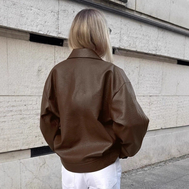 Damen Modische Kunstlederjacke im lässigen Oversized-Schnitt Drune