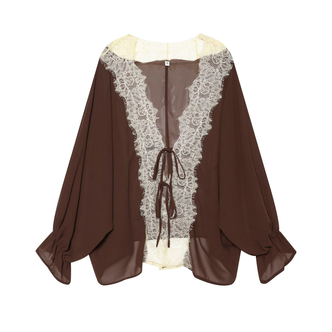 Damen nan Chiffonbluse mit tiefem V-Spitzeinsatz, lockeren Trompetenärmeln und Bindebändern Drune