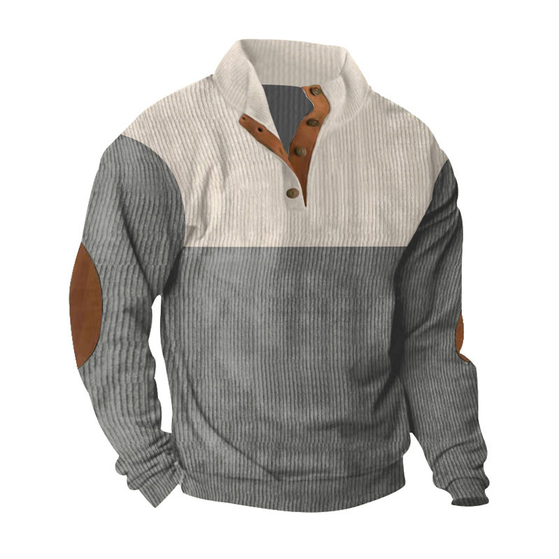 Herren nan lässiger Strickpullover mit Knopfleiste, Stehkragen und Ellenbogenpatches Drune