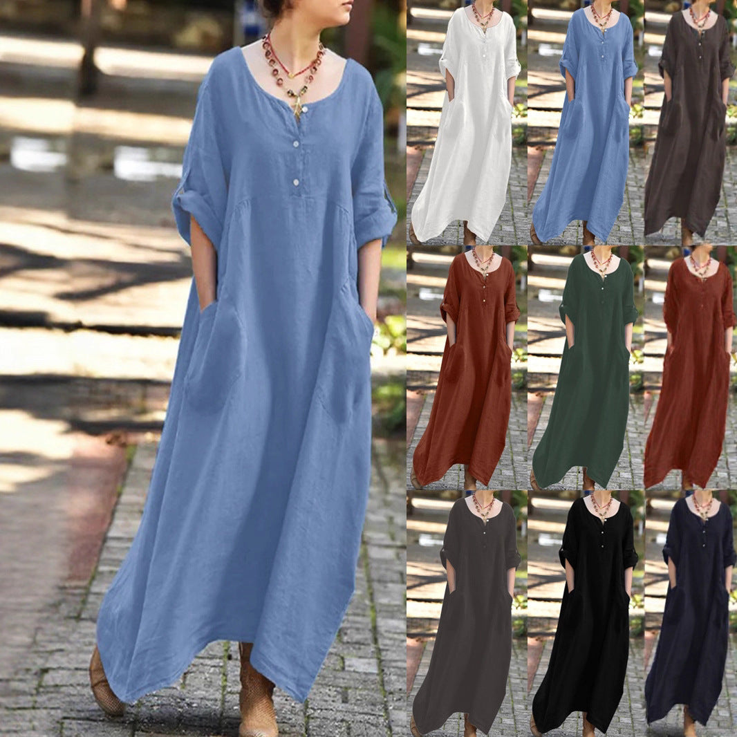 Damen längeres Kleid mit Knopfdetail und praktischen Taschen Drune