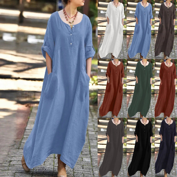 Damen längeres Kleid mit Knopfdetail und praktischen Taschen Drune