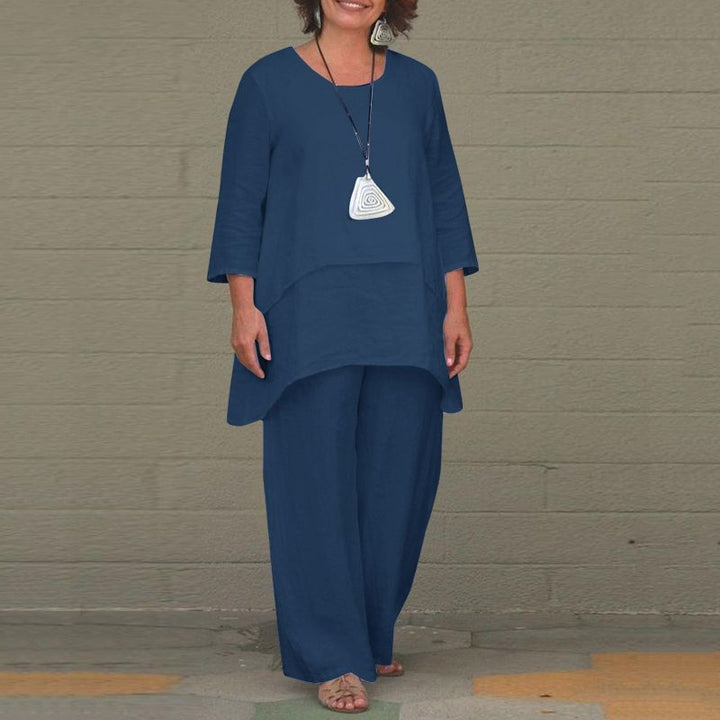 Damen Lässiges Zweiteiliges Leinen-Set mit Oversize-Tunika und weiter Palazzo-Hose Drune