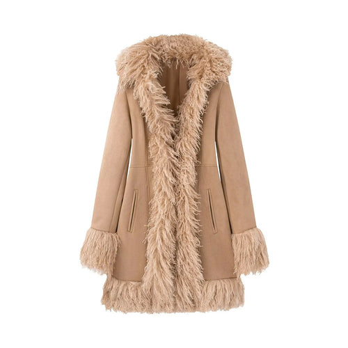 Damen nan langer Mantel mit Kapuze und langflorigem Lammfellimitatbesatz Drune