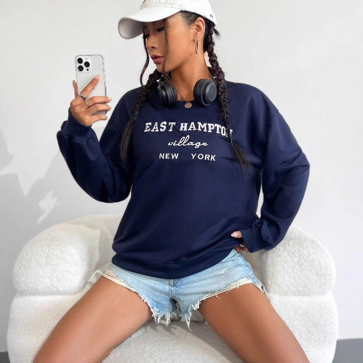 Damen lässiger Sweatshirt mit kreativem Schriftzug und bequemen Schnitt Drune