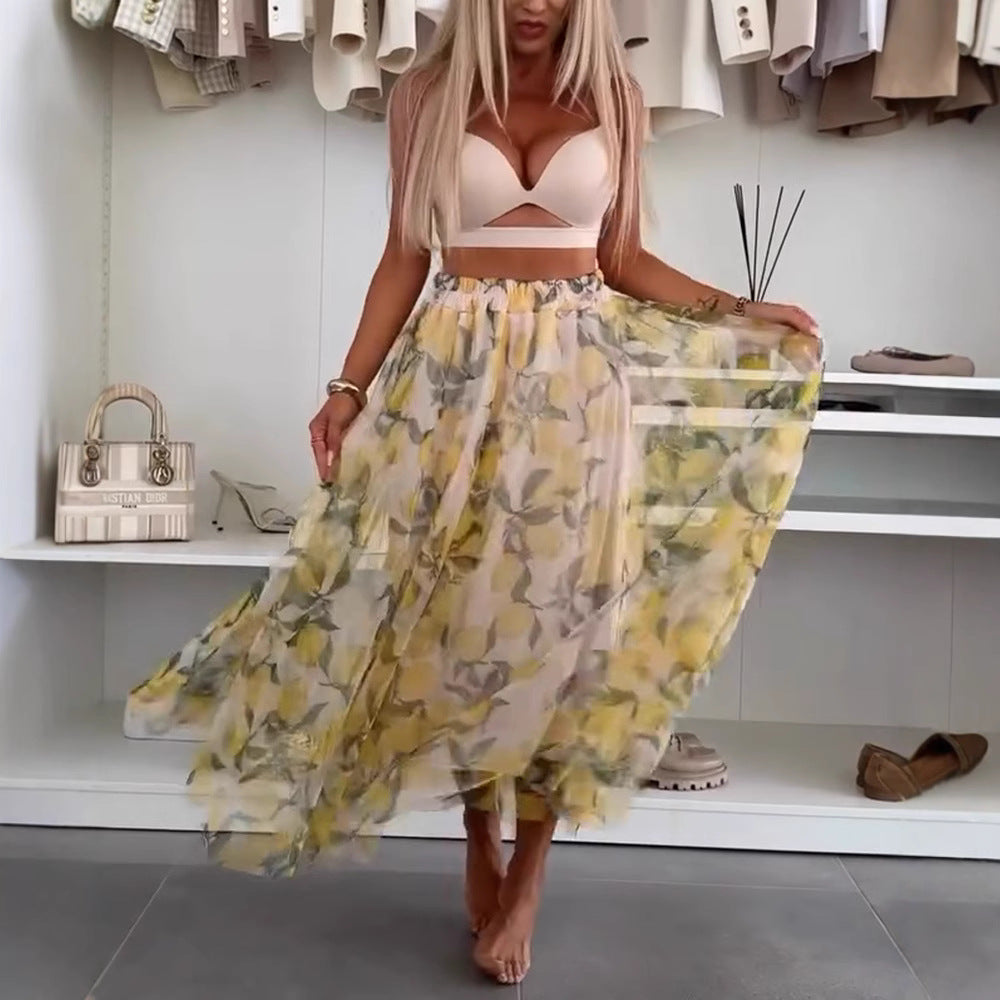 Damen nan fließender Maxi-Rock mit mehrlagigem Chiffon-Overlay, elastischem Bund und feinem Blumenprint Drune