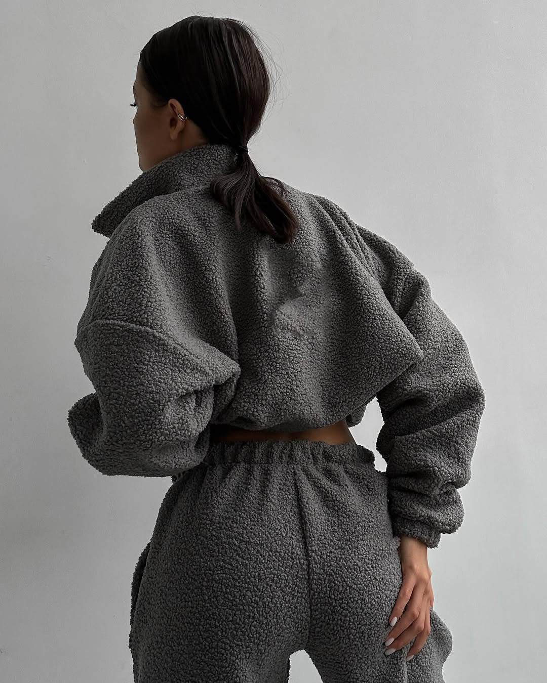 Damen Teddy-Fleece-Loungewear Set mit halbem Reißverschluss elastischem Tunnelzugbund und weitem Bein Drune