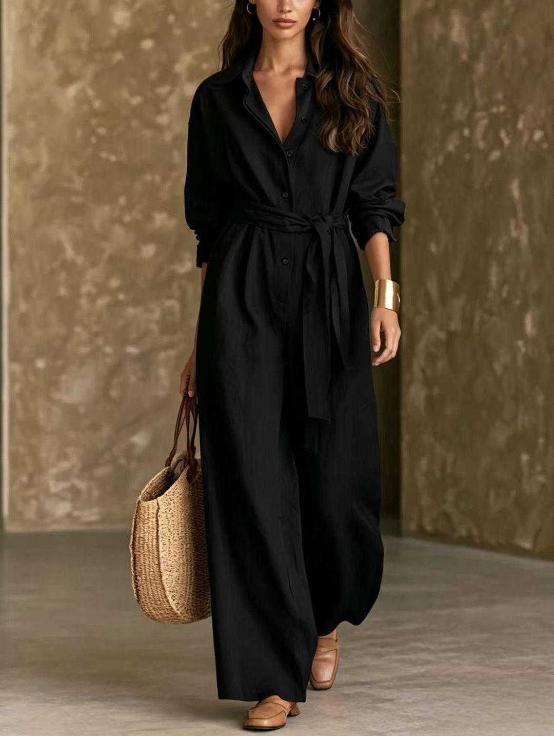 Damen Elegantes Hemdkleid mit Taillengürtel Drune