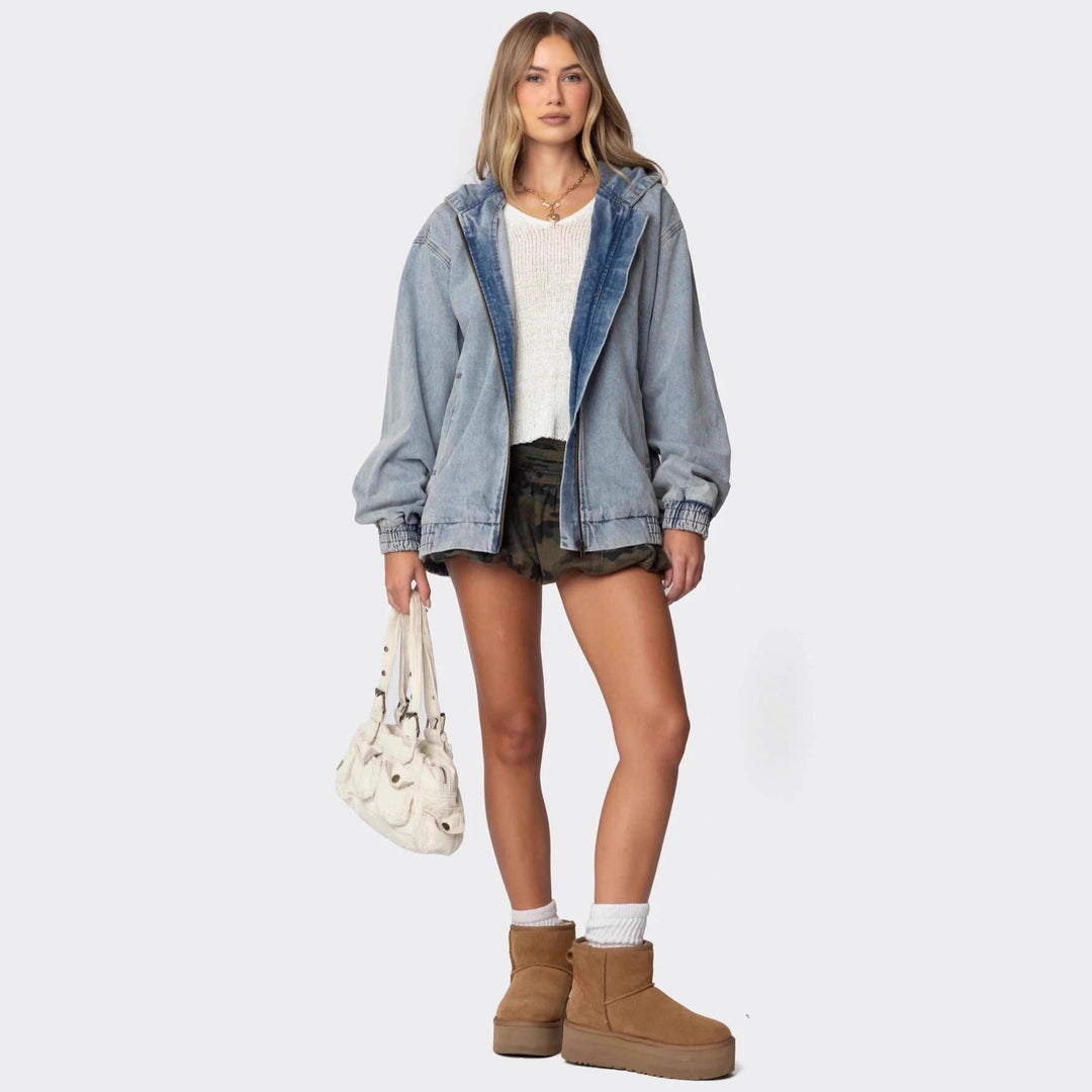 Damen Oversized Denimjacke mit Kapuze und elastischen Bündchen Drune