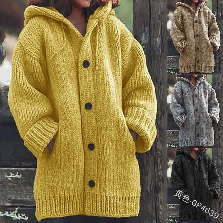 Damen weit geschnittener Kapuzen-Strickmantel mit Knopfleiste und Eingrifftaschen Drune