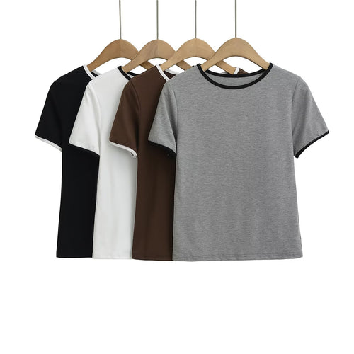 Damen klassisches T-Shirt mit kontrastierenden Ärmelabschlüssen und hochwertiger Baumwolle Drune