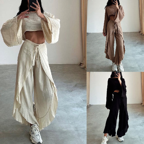 Damen Lässiges Zweiteiliges Set mit oversize Oberteil und weiten Hosen Drune