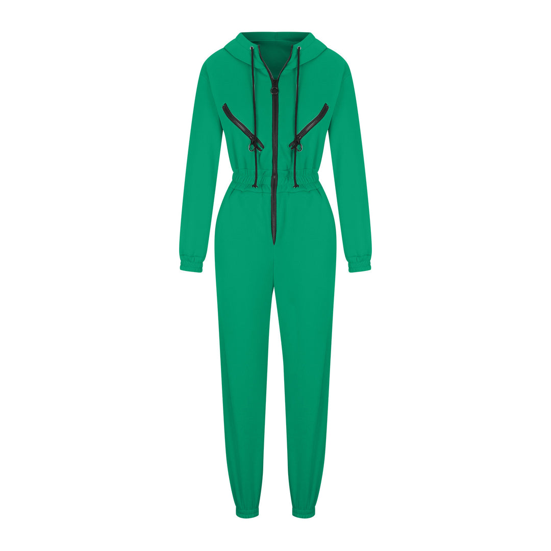 Damen taillierter Kapuzen-Jumpsuit mit elastischem Bund und markanten Kontrast-Reißverschlüssen Drune