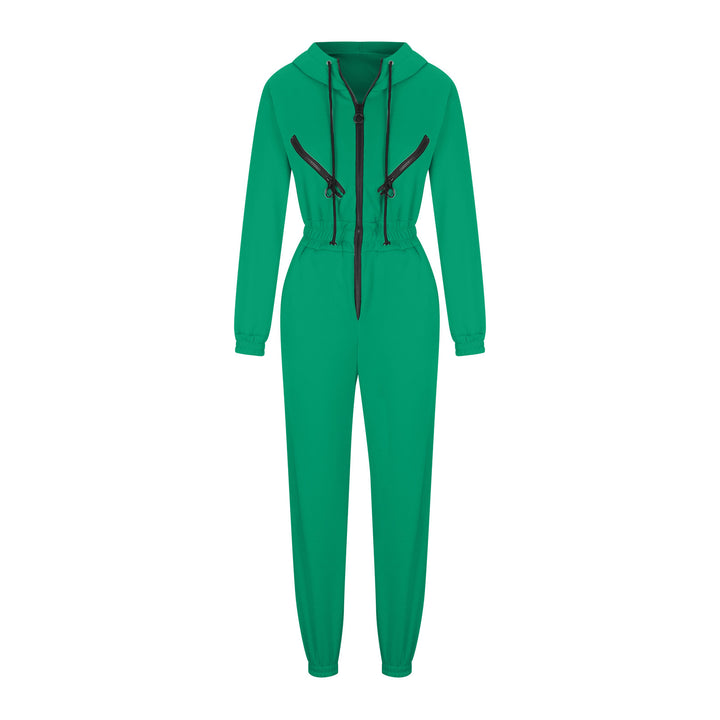 Damen taillierter Kapuzen-Jumpsuit mit elastischem Bund und markanten Kontrast-Reißverschlüssen Drune