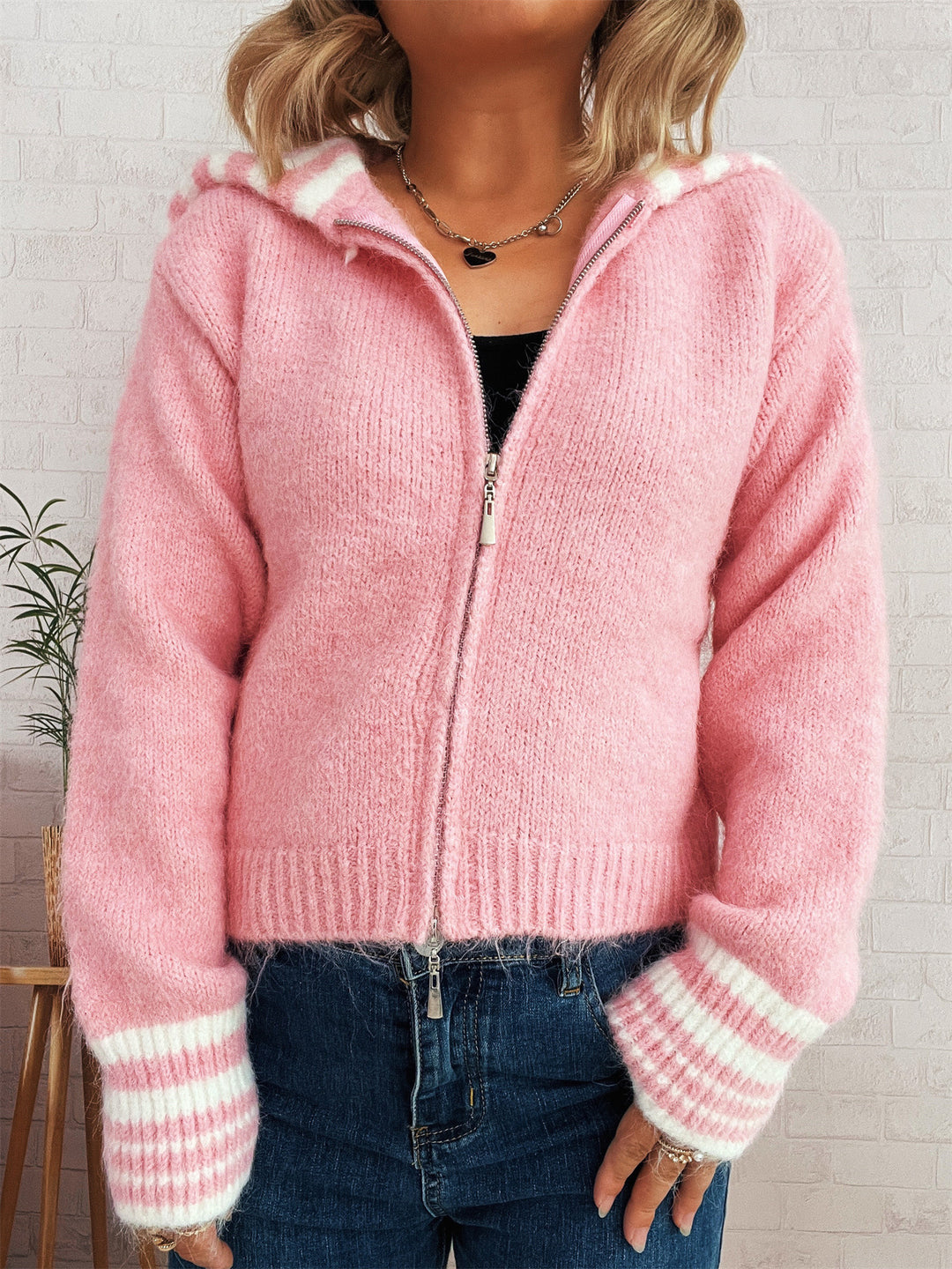 Damen kuschelige Strickjacke mit stilvollem Reißverschluss und modischen Streifen Drune