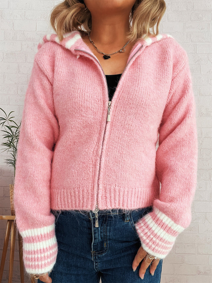 Damen kuschelige Strickjacke mit stilvollem Reißverschluss und modischen Streifen Drune