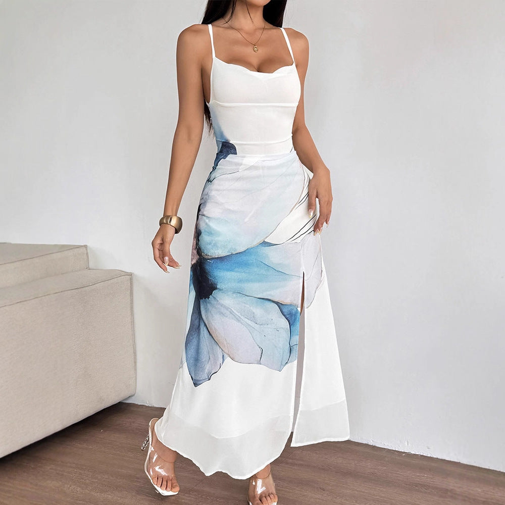 Damen Maxikleid mit zartem Blumenmotiv und spielerischen Spaghettiträgern Drune