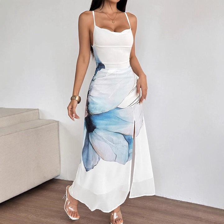 Damen Maxikleid mit zartem Blumenmotiv und spielerischen Spaghettiträgern Drune