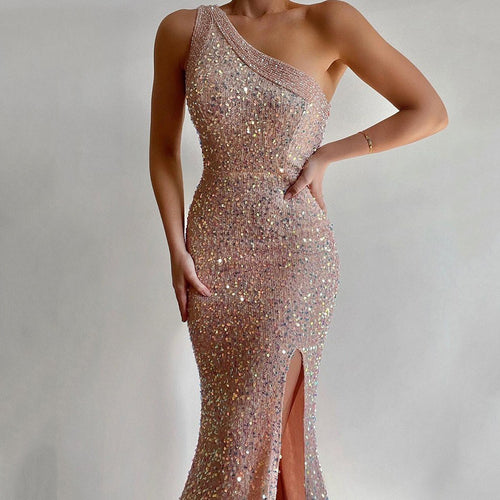 Damen Glamouröses Abendkleid mit asymmetrischem Ausschnitt und schimmernden Details Drune