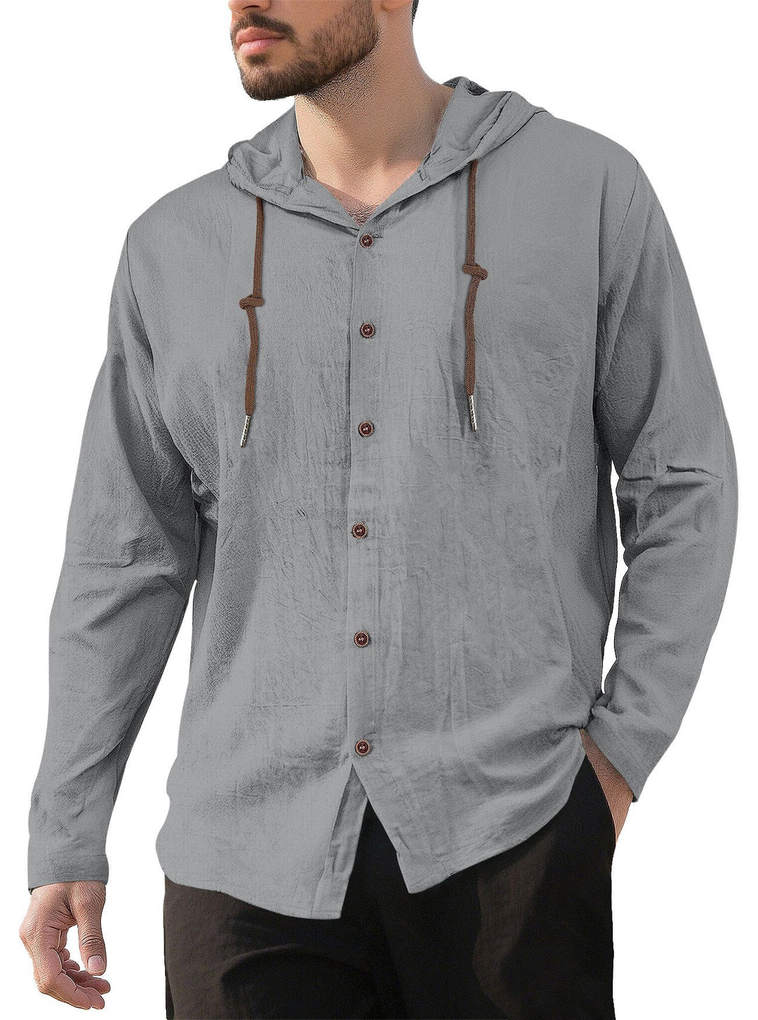 Herren nan Kapuzenhemd im Leinen-Look mit durchgehender Knopfleiste und Kordelzug Drune