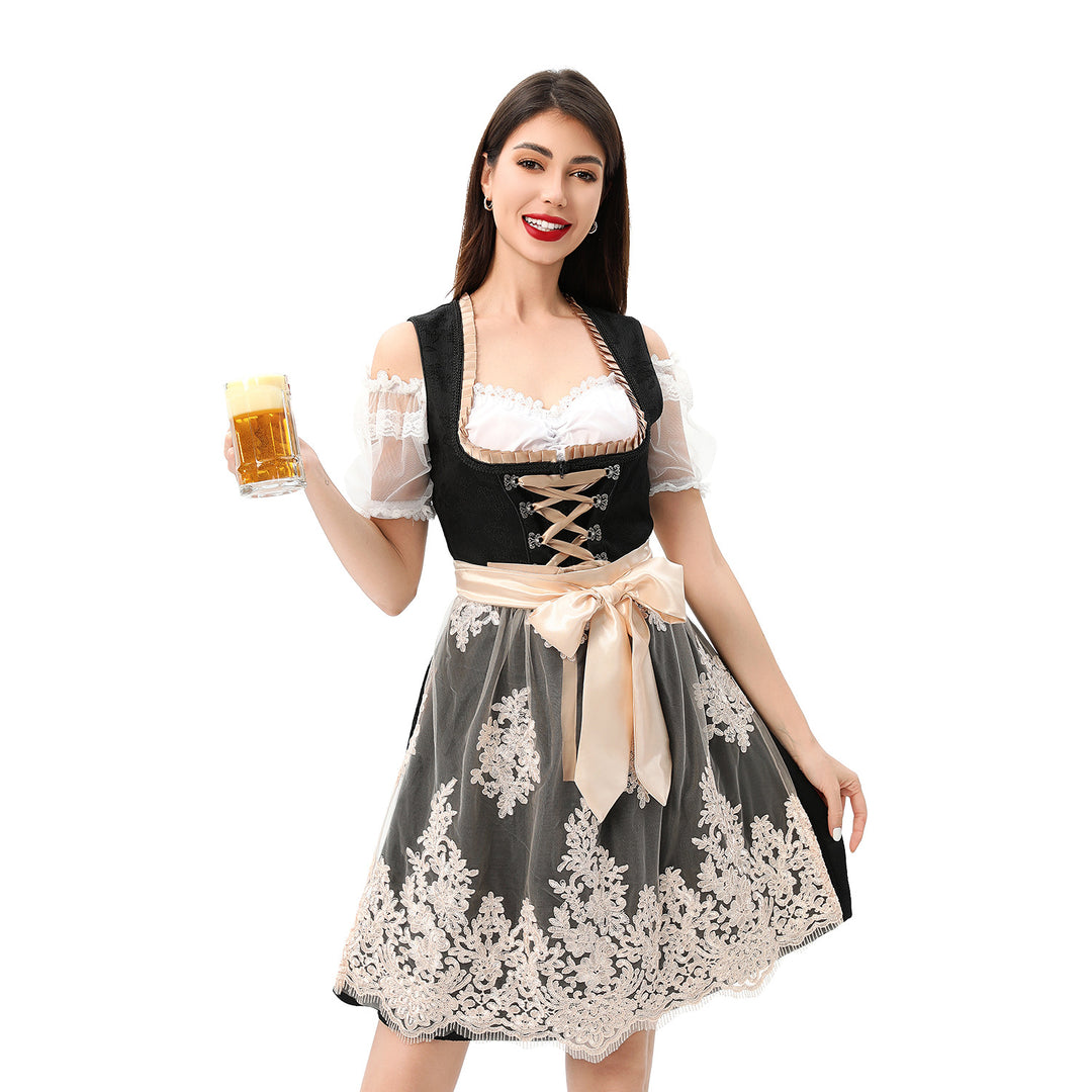 Damen nan traditionelles Dirndlkleid mit Spitzenüberrock Corsage Schnürung und Satinband Drune