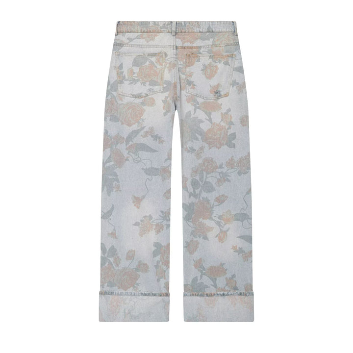 Damen Highwaist-Jeans mit weitem Bein, floralem Allover-Print und Umschlag Drune