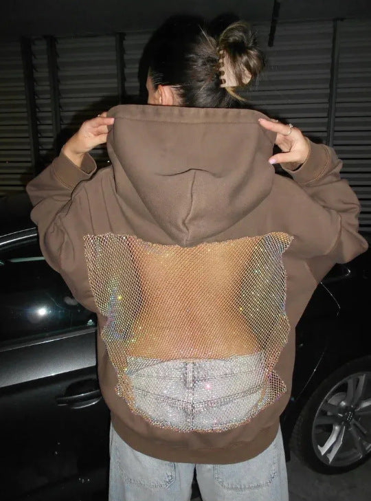 Damen Hoodie mit glitzerndem Mesh-Rückenapplikation Drune