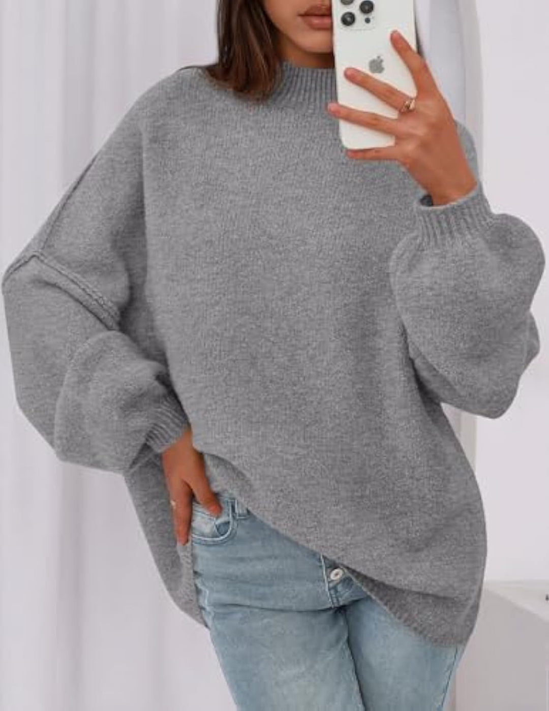 Damen Oversize-Strickpullover mit Stehkragen und Ballonärmeln Drune