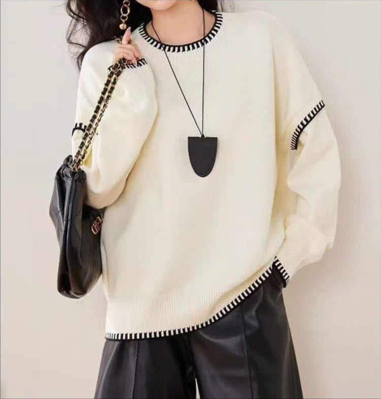 Damen lässiger Strickpullover mit kontrastierendem Saum und weichen Ärmeln Drune