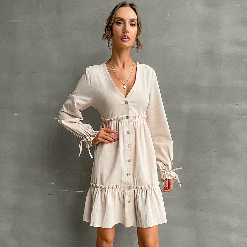 Damen Button-Midikleid mit V-Ausschnitt, Rüschen-Taille und Bindärmeln Drune