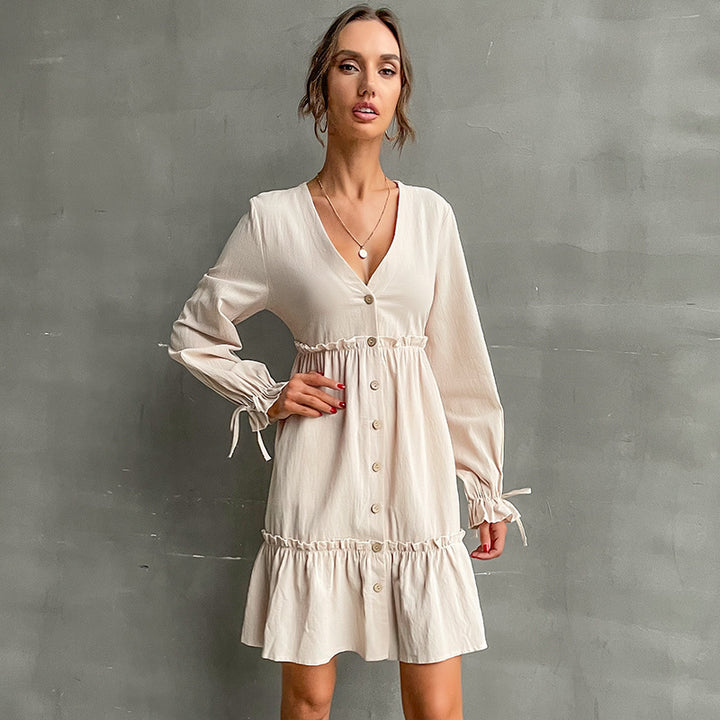 Damen Button-Midikleid mit V-Ausschnitt, Rüschen-Taille und Bindärmeln Drune