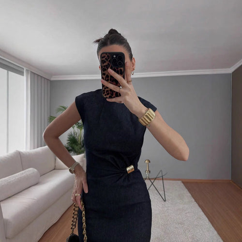 Damen elegantes Midikleid aus Denim mit Knopfdetail Drune