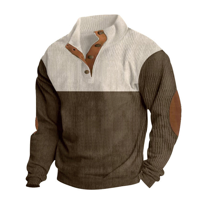 Herren nan grober Rippstrick-Pullover mit Stehkragen, Knopfleiste und markanten Ellenbogenpatches Drune