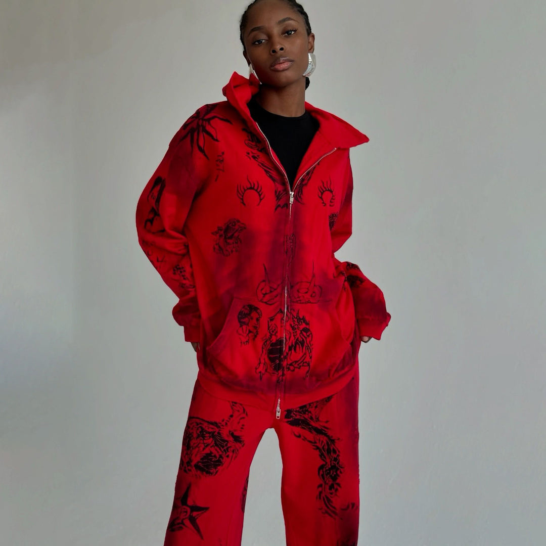 Damen Sportlicher Oversized Set mit einzigartigen Grafiken und Kapuze Drune