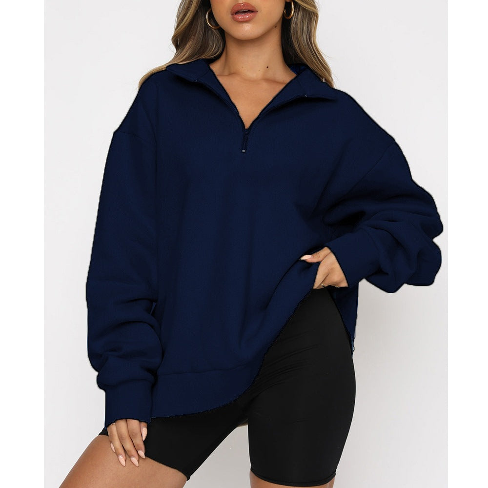 Damen nan oversized Sweatshirt mit halbem Reißverschluss, weichem Fleece-Innenfutter und Kängurutasche Drune