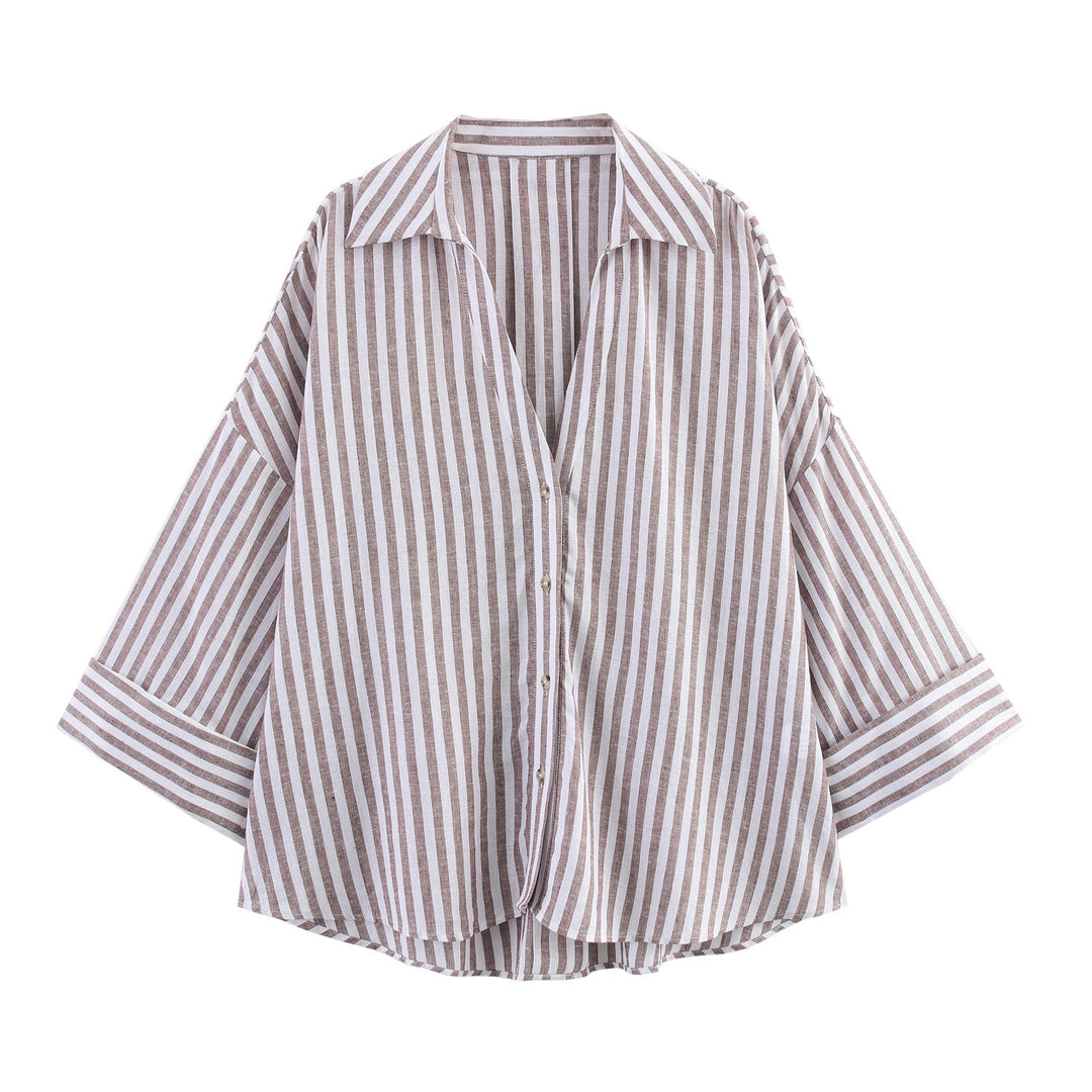 Damen lässige Bluse mit voluminösen Ärmeln und durchgehender Knopfleiste Drune