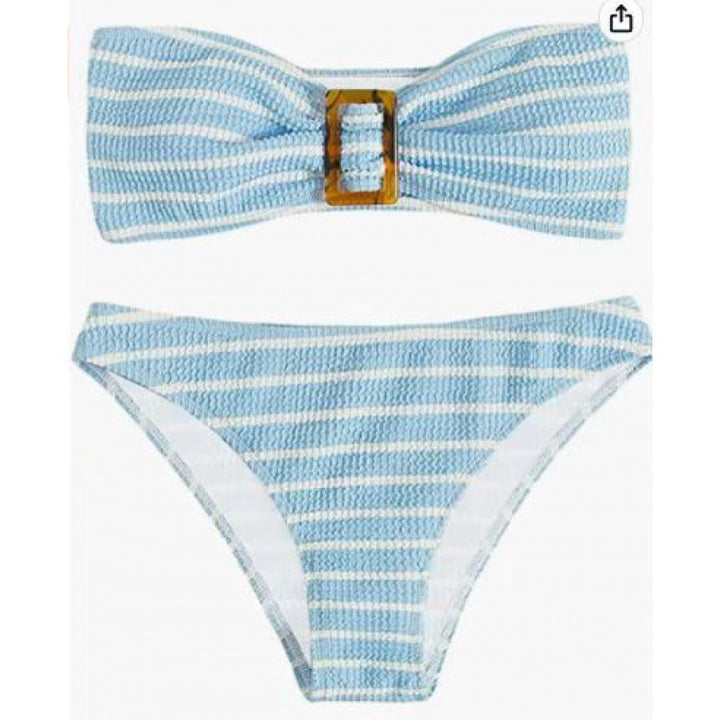 Damen Bandeau-Bikini-Set mit dekorativem Ring und verspieltem Streifenmuster Drune