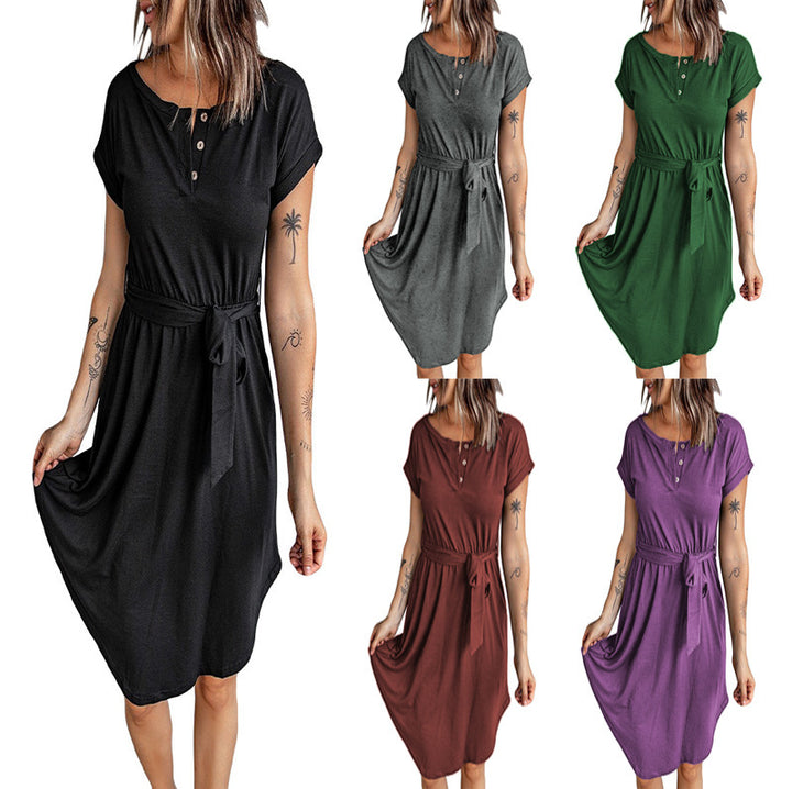 Damen Lockeres Kleid mit Knopfleiste und Taillengürtel Drune