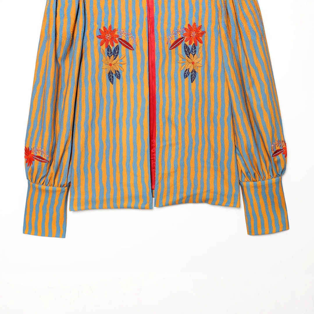 Damen Gestreifte Blusenjacke mit Blumenstickerei und Ballonärmeln Drune