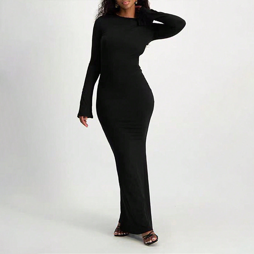 Damen Elegantes Langarm-Maxi-Kleid mit figurbetonter Silhouette und Schlüssellochausschnitt Drune