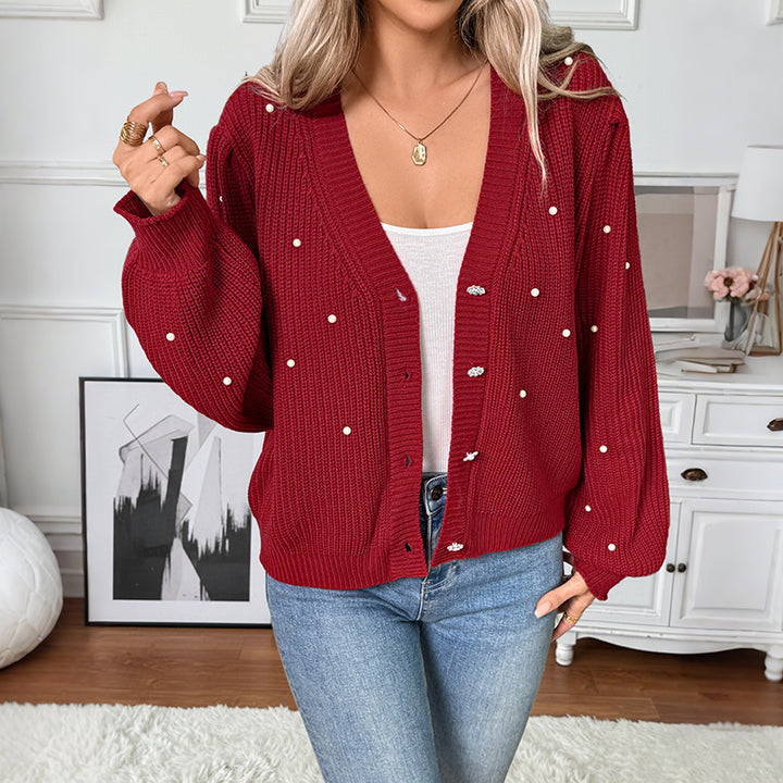 Damen Stilvolle Strickjacke mit Perlendetails Drune