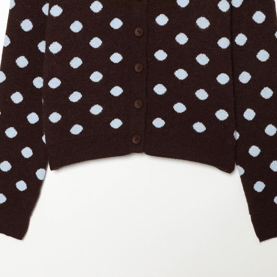 Damen Kurzgeschnittener Gepunkteter Feinstrick-Cardigan mit Rippbündchen und Knopfleiste Drune